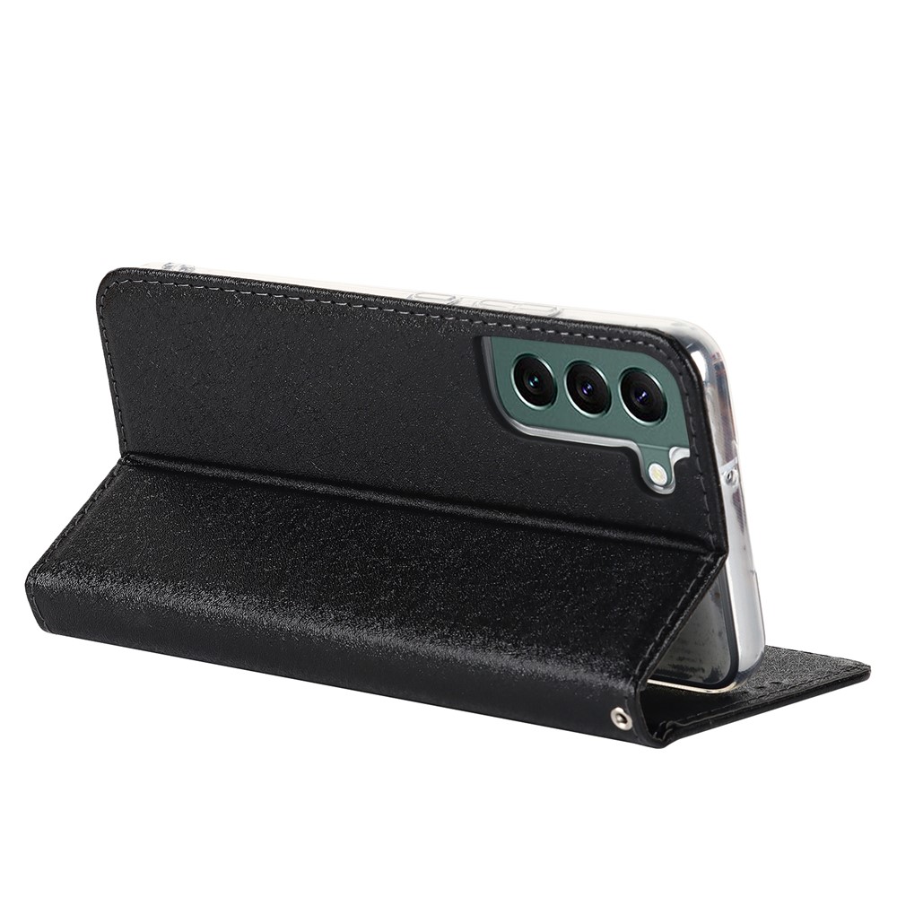 For Samsung Galaxy S22+ 5G PU Leather Silk Texture Phone Case Stand Flip Folio Wallet Cover with Wrist Strap - Black-6