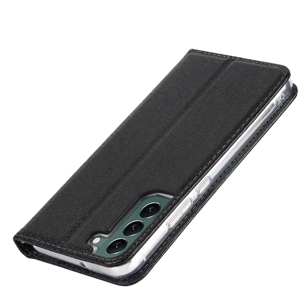 For Samsung Galaxy S22+ 5G PU Leather Silk Texture Phone Case Stand Flip Folio Wallet Cover with Wrist Strap - Black-7