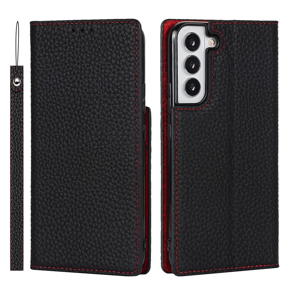 For Samsung Galaxy S22+ 5G Shockproof Genuine Leather Case Litchi Texture Wallet Stand Phone Shell with Hand Strap - Black-1