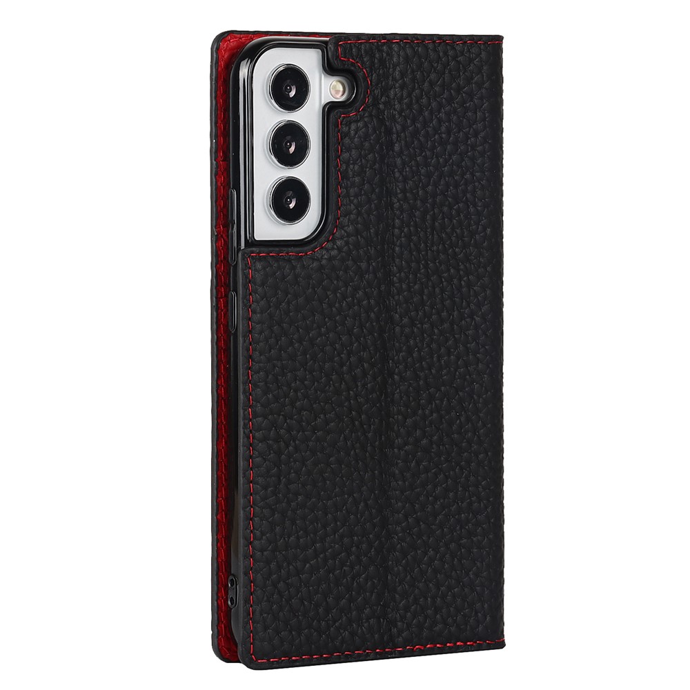 For Samsung Galaxy S22+ 5G Shockproof Genuine Leather Case Litchi Texture Wallet Stand Phone Shell with Hand Strap - Black-3
