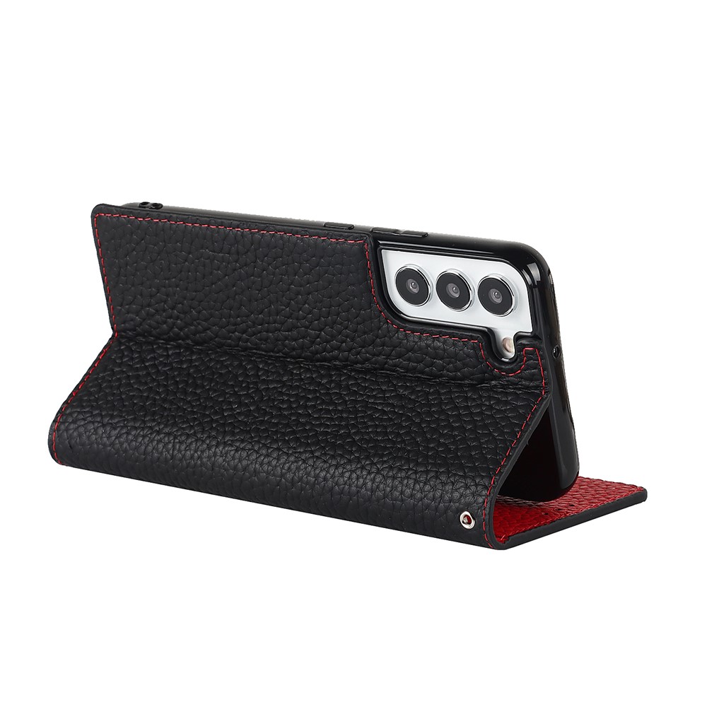 For Samsung Galaxy S22+ 5G Shockproof Genuine Leather Case Litchi Texture Wallet Stand Phone Shell with Hand Strap - Black-5