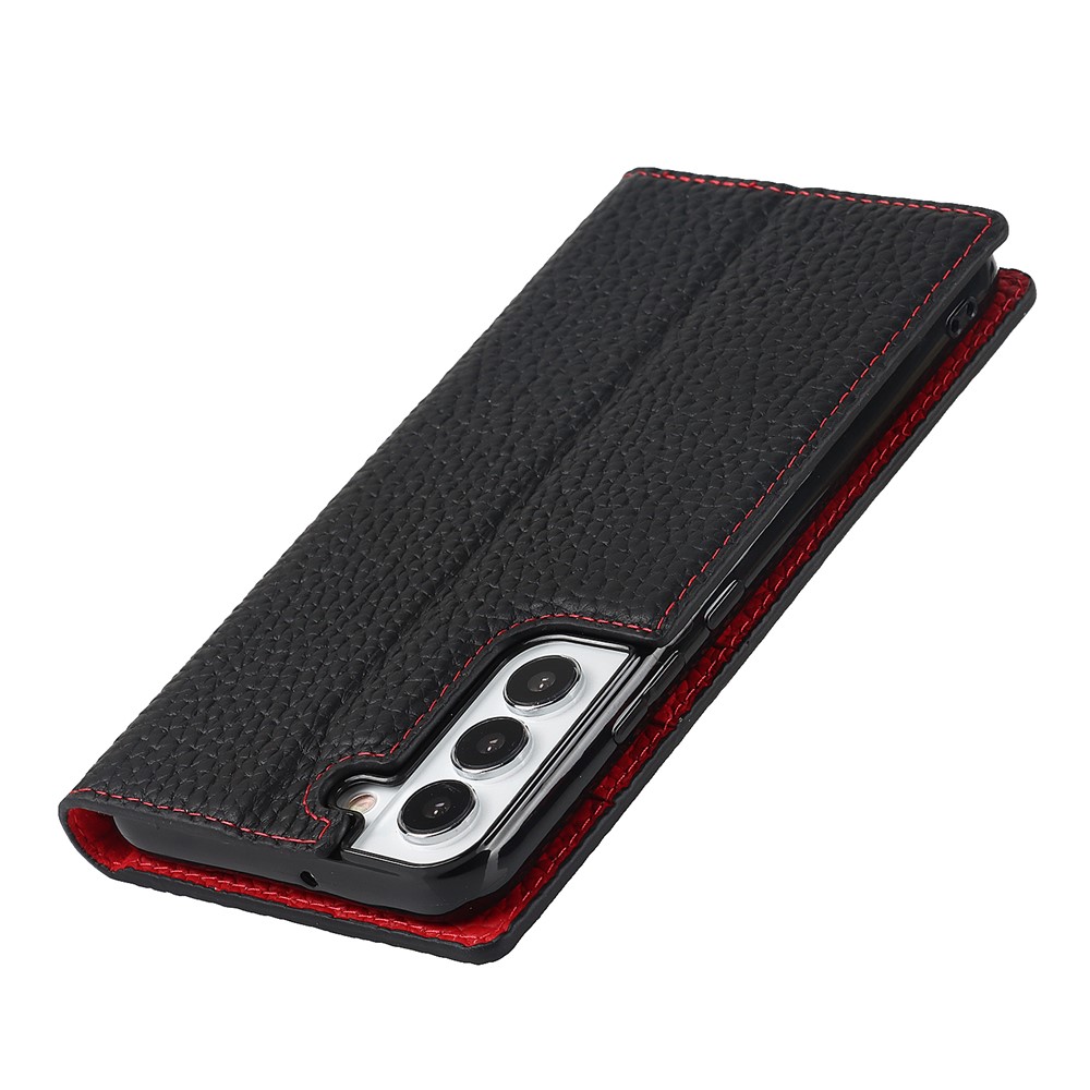 For Samsung Galaxy S22+ 5G Shockproof Genuine Leather Case Litchi Texture Wallet Stand Phone Shell with Hand Strap - Black-7