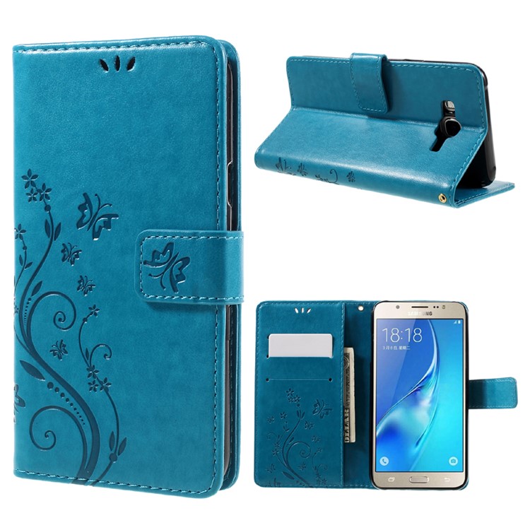 Butterfly Flowers Leather Stand Case with Card Slots for Samsung Galaxy J7 SM-J700F - Dark Blue-1