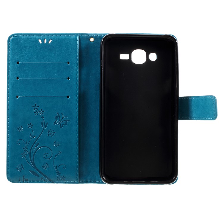 Butterfly Flowers Leather Stand Case with Card Slots for Samsung Galaxy J7 SM-J700F - Dark Blue-13