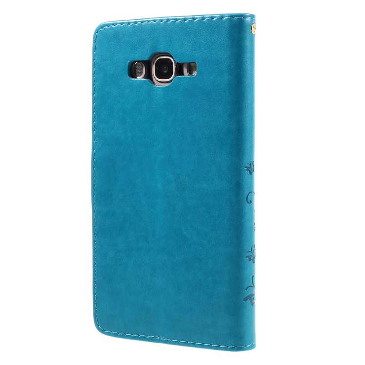 Butterfly Flowers Leather Stand Case with Card Slots for Samsung Galaxy J7 SM-J700F - Dark Blue-2