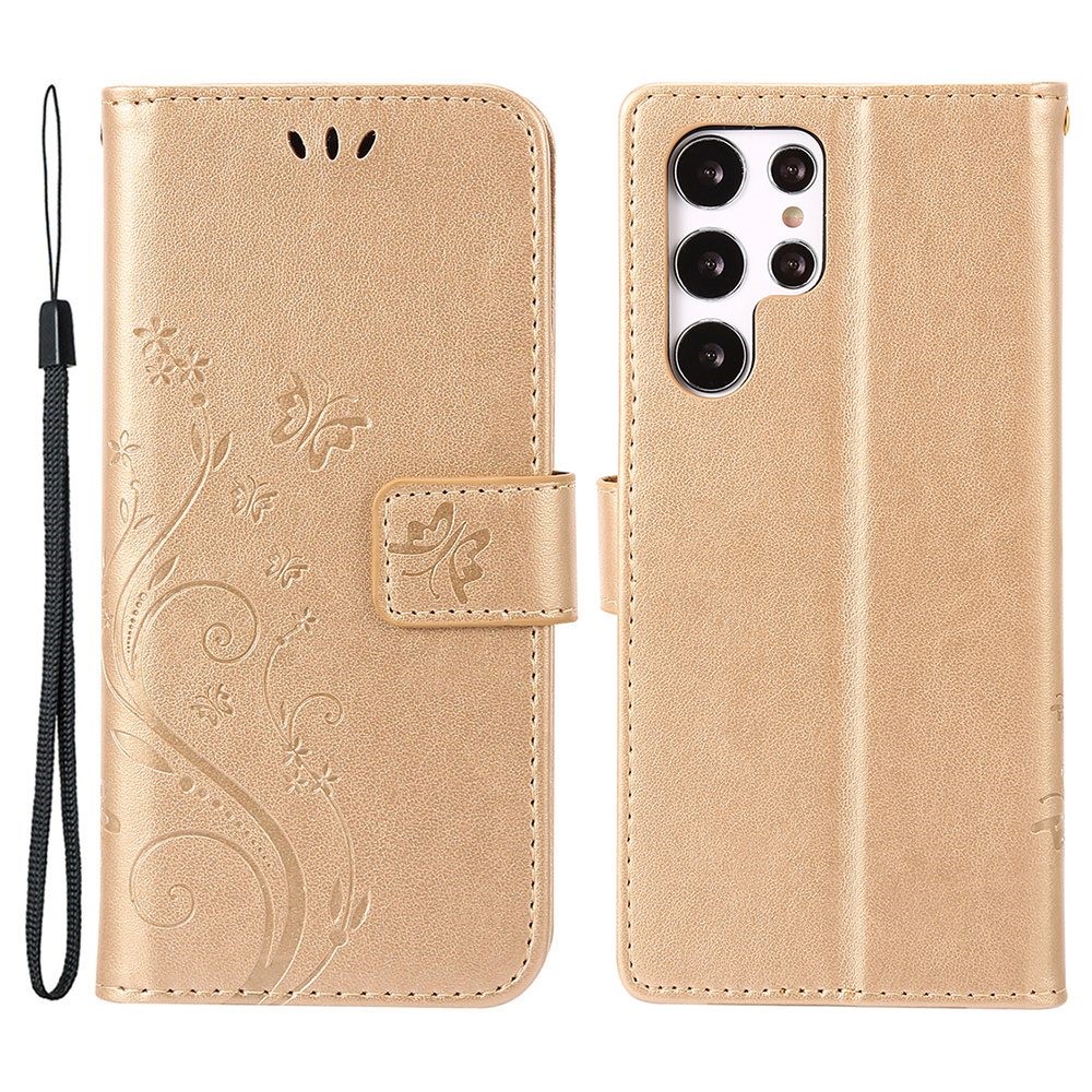 For Samsung Galaxy S22 Ultra 5G Stand Design PU Leather Magnetic Phone Case Imprint Butterflies Wallet Shell with Strap - Gold-1