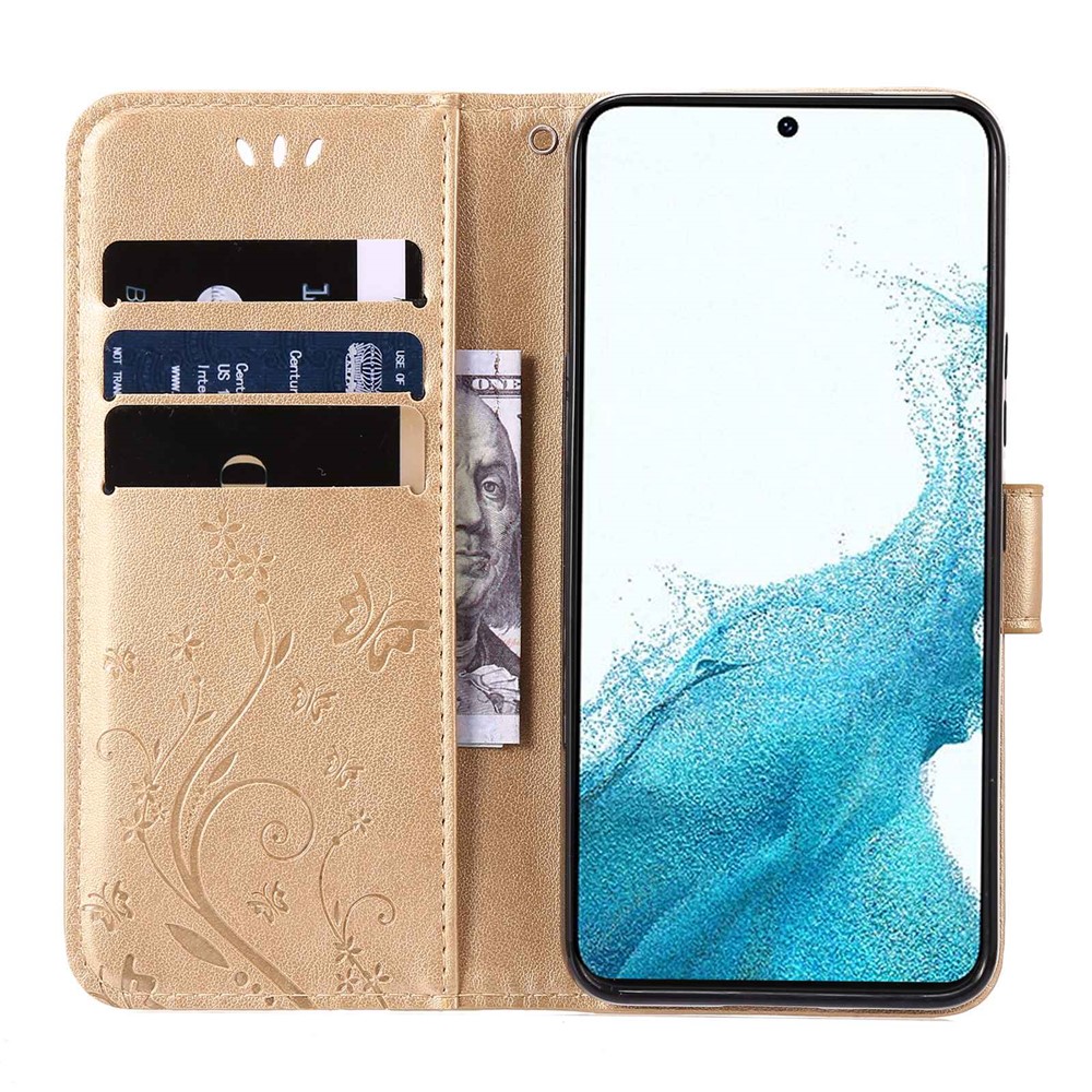 For Samsung Galaxy S22 Ultra 5G Stand Design PU Leather Magnetic Phone Case Imprint Butterflies Wallet Shell with Strap - Gold-2