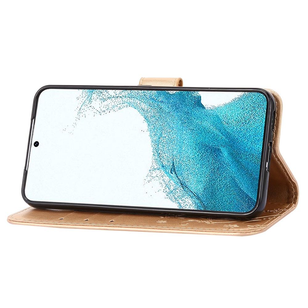 For Samsung Galaxy S22 Ultra 5G Stand Design PU Leather Magnetic Phone Case Imprint Butterflies Wallet Shell with Strap - Gold-3