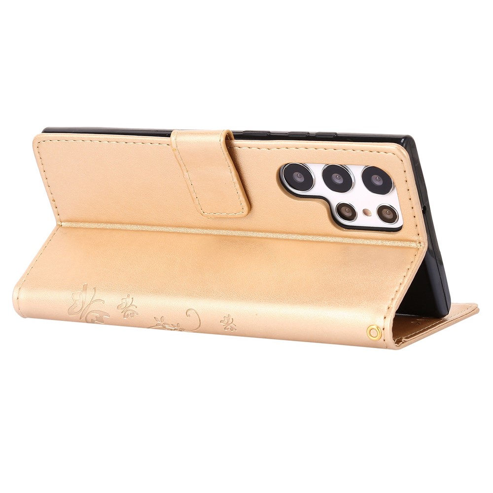 For Samsung Galaxy S22 Ultra 5G Stand Design PU Leather Magnetic Phone Case Imprint Butterflies Wallet Shell with Strap - Gold-4