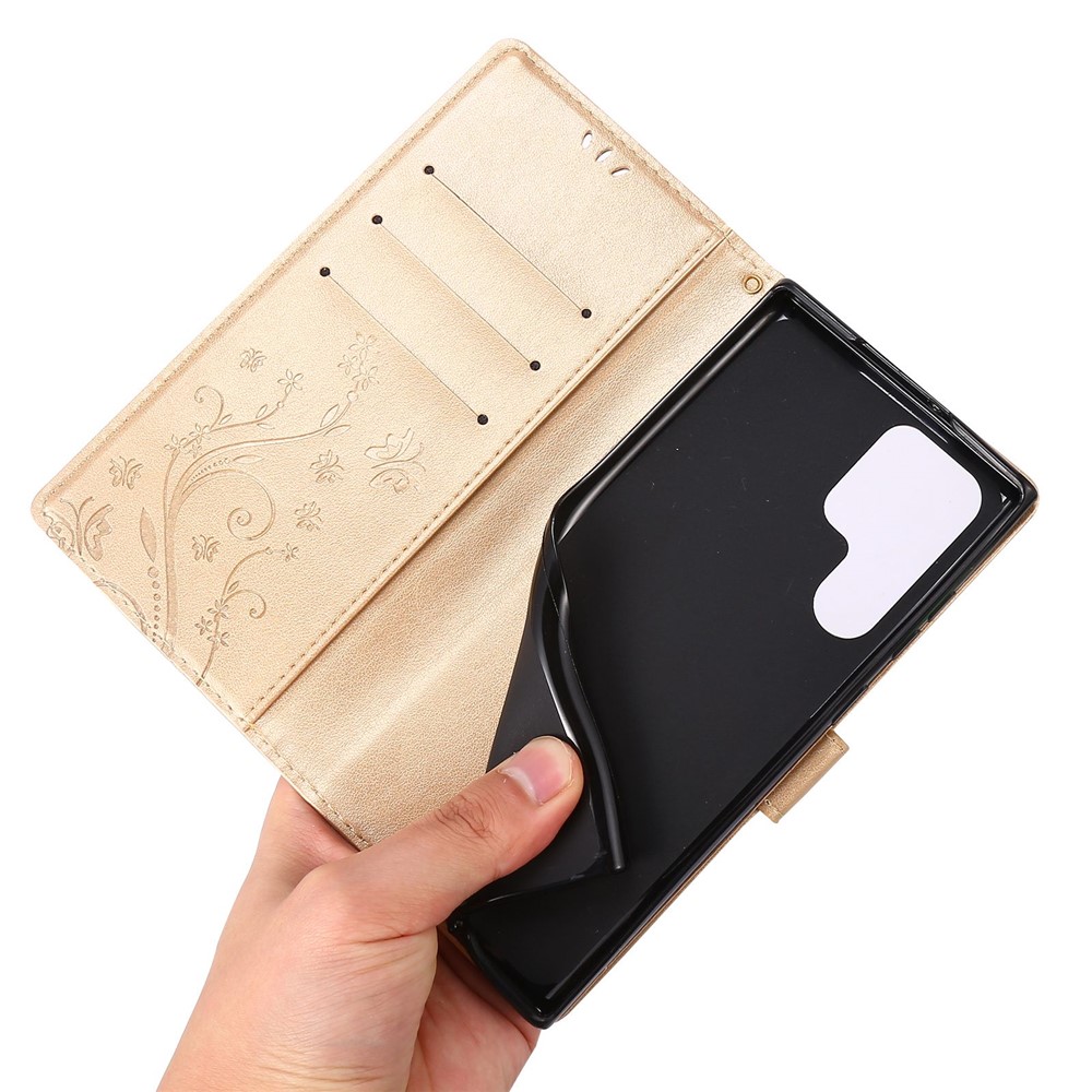 For Samsung Galaxy S22 Ultra 5G Stand Design PU Leather Magnetic Phone Case Imprint Butterflies Wallet Shell with Strap - Gold-5
