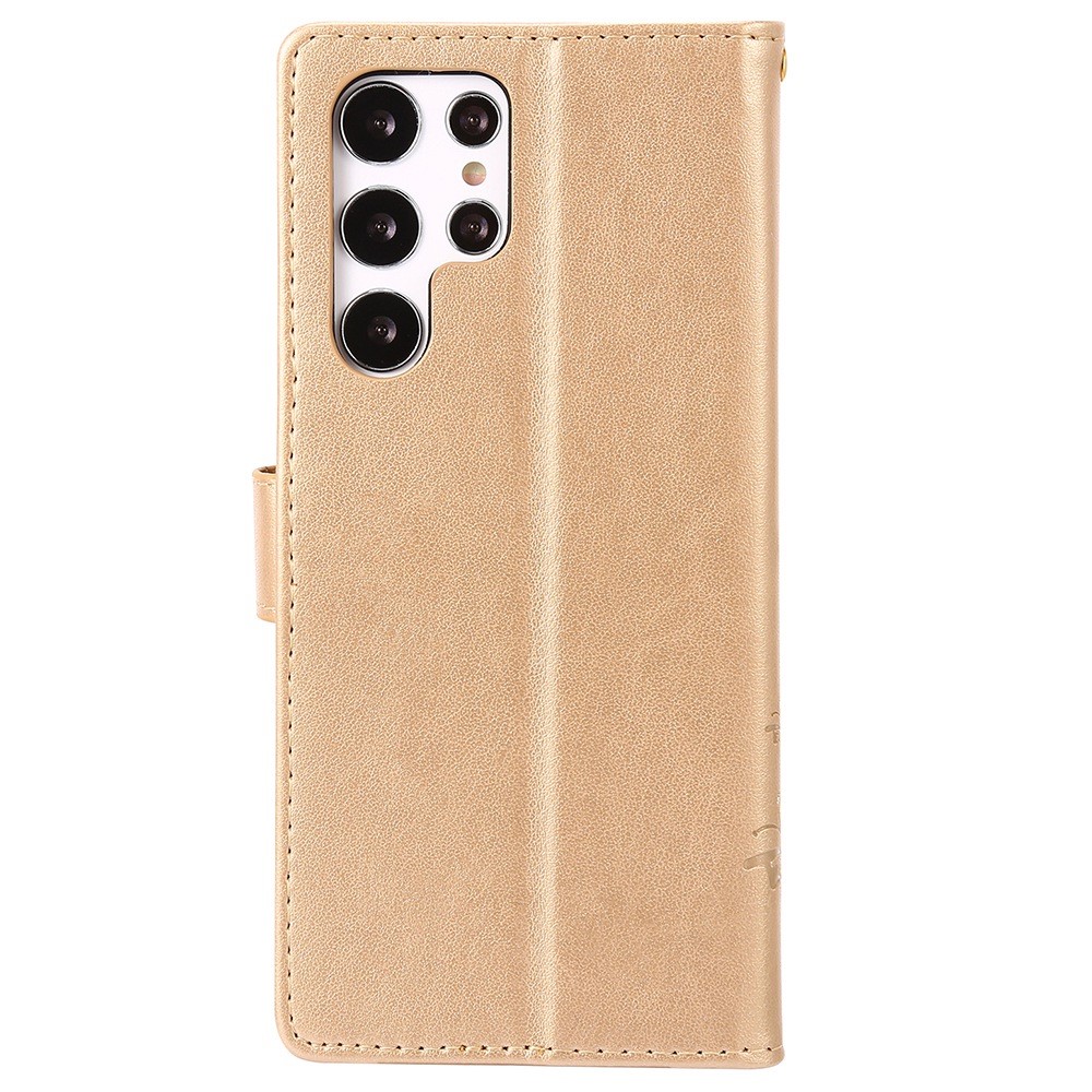 For Samsung Galaxy S22 Ultra 5G Stand Design PU Leather Magnetic Phone Case Imprint Butterflies Wallet Shell with Strap - Gold-7