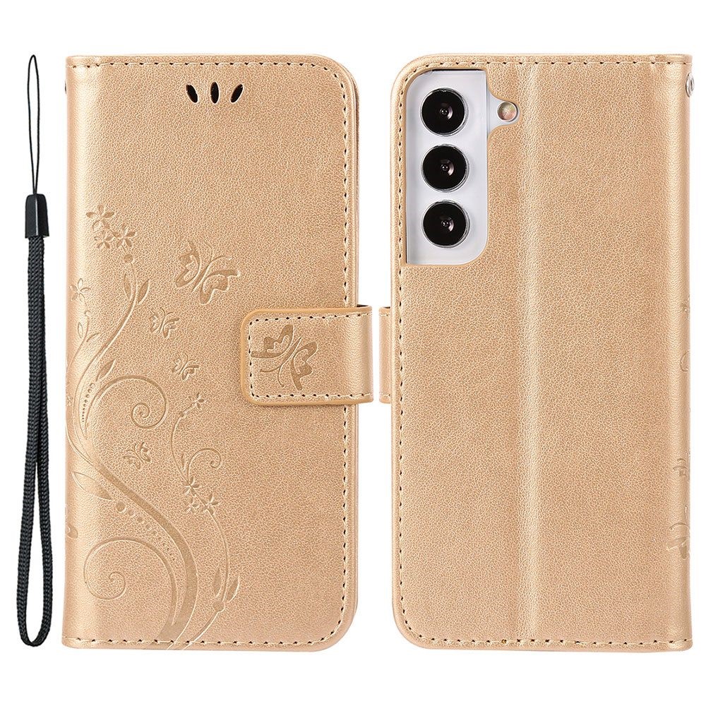 For Samsung Galaxy S22 5G Adjustable Stand Design PU Leather Phone Case Imprint Butterflies Wallet Magnetic Shell - Gold-1