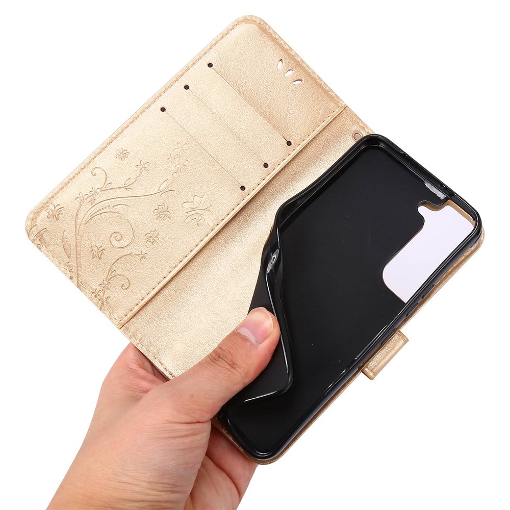 For Samsung Galaxy S22 5G Adjustable Stand Design PU Leather Phone Case Imprint Butterflies Wallet Magnetic Shell - Gold-5