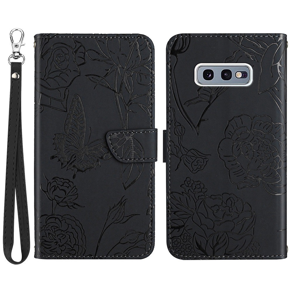 For Samsung Galaxy S10e PU Leather Butterfly Flower Imprinted Stand Flip Cover Skin-touch Feeling Magnetic Folio Cover with Hand Strap - Black