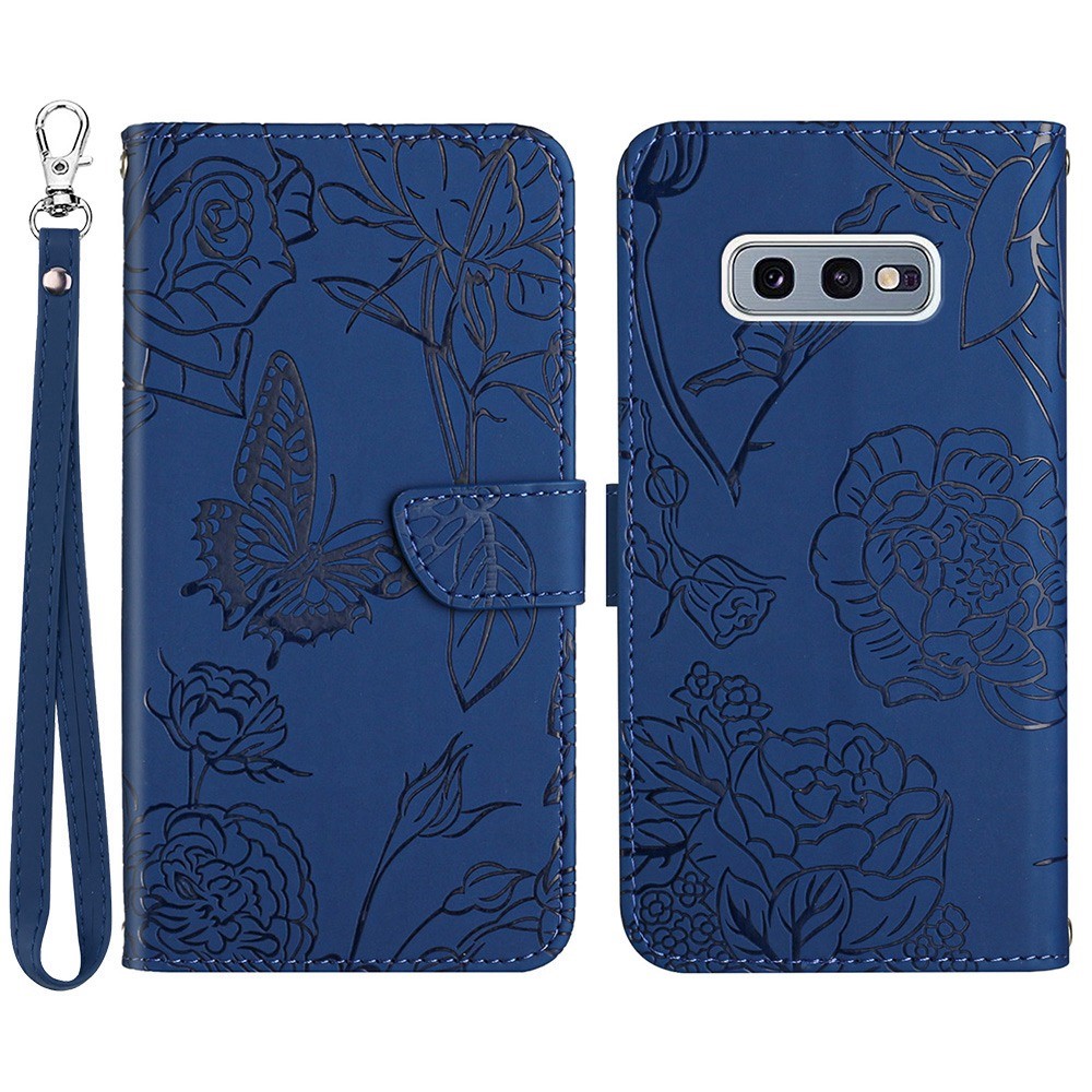 For Samsung Galaxy S10e PU Leather Butterfly Flower Imprinted Stand Flip Cover Skin-touch Feeling Magnetic Folio Cover with Hand Strap - Blue