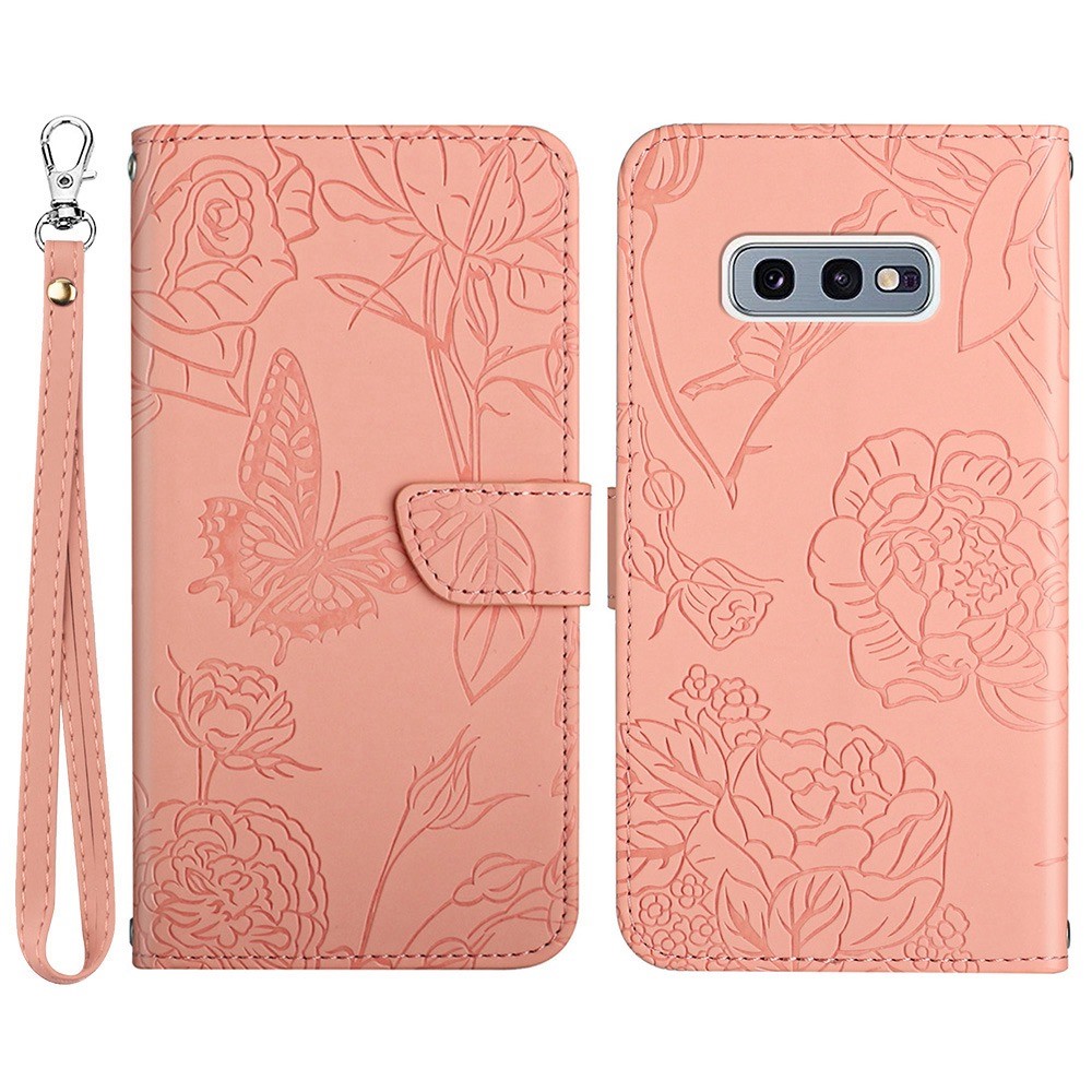 For Samsung Galaxy S10e PU Leather Butterfly Flower Imprinted Stand Flip Cover Skin-touch Feeling Magnetic Folio Cover with Hand Strap - Pink