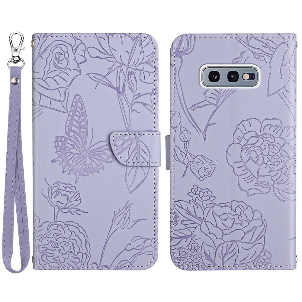 For Samsung Galaxy S10e PU Leather Butterfly Flower Imprinted Stand Flip Cover Skin-touch Feeling Magnetic Folio Cover with Hand Strap - Light Purple