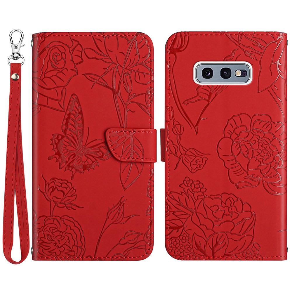 For Samsung Galaxy S10e PU Leather Butterfly Flower Imprinted Stand Flip Cover Skin-touch Feeling Magnetic Folio Cover with Hand Strap - Red