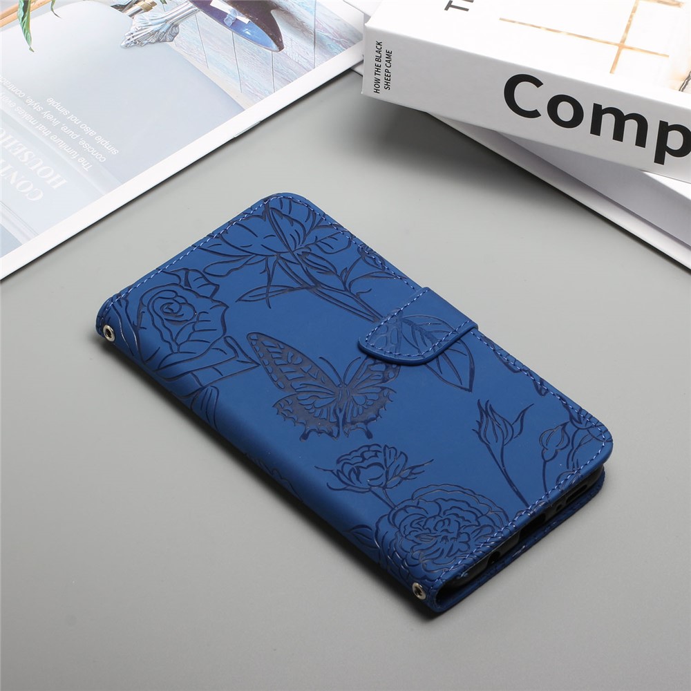 Anti-drop Wallet Phone Case for Samsung Galaxy A21s (EU Version) Shockproof Soft Touch PU Leather Folio Flip Cover Butterflies Imprinted Anti-fingerprint Stand Cover with Strap - Blue-10