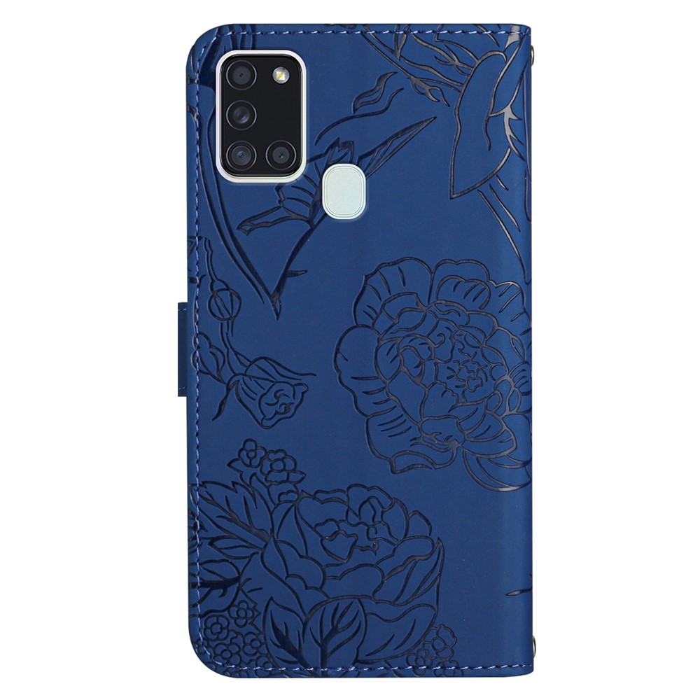 Anti-drop Wallet Phone Case for Samsung Galaxy A21s (EU Version) Shockproof Soft Touch PU Leather Folio Flip Cover Butterflies Imprinted Anti-fingerprint Stand Cover with Strap - Blue-9