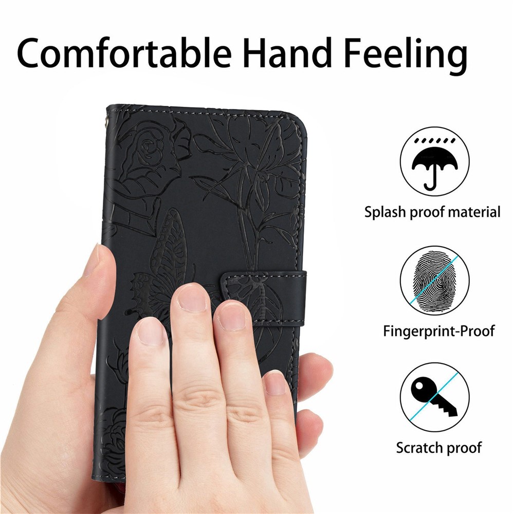For Samsung Galaxy S22 Ultra 5G Imprinting Butterfly Flower Adjustable Stand Phone Case Skin-touch Wallet PU Leather Cover with Hand Strap - Black-6