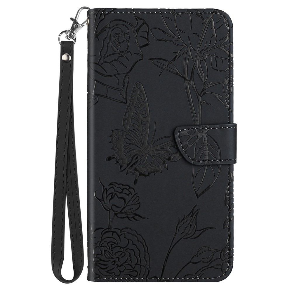 For Samsung Galaxy S22 Ultra 5G Imprinting Butterfly Flower Adjustable Stand Phone Case Skin-touch Wallet PU Leather Cover with Hand Strap - Black-9