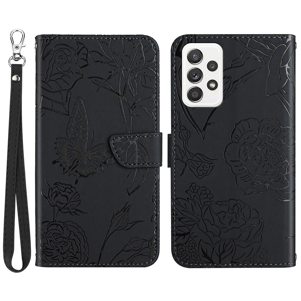 For Samsung Galaxy A73 5G Imprinted Butterfly Flower PU Leather Wallet Case Magnetic Folio Stand Skin-touch Phone Cover with Hand Strap - Black-1