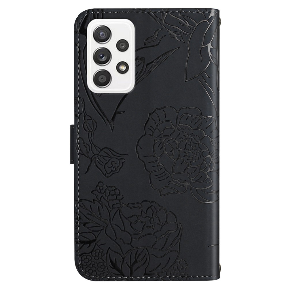 For Samsung Galaxy A73 5G Imprinted Butterfly Flower PU Leather Wallet Case Magnetic Folio Stand Skin-touch Phone Cover with Hand Strap - Black-10