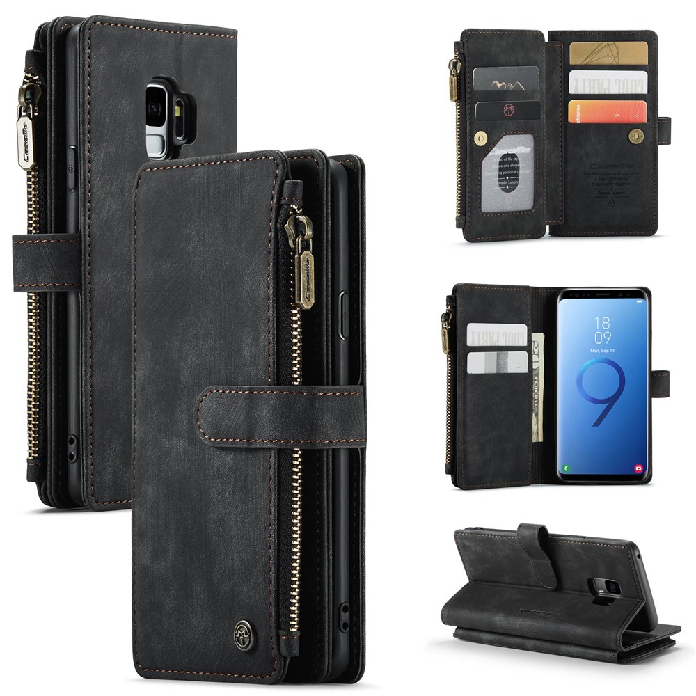 For Samsung Galaxy S9 Phone Cases with Strap CASEME C30 Zipper Multiple Card Holder PU Leather Cover - Black