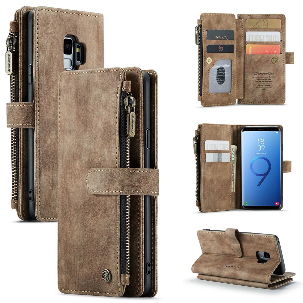 For Samsung Galaxy S9 Phone Cases with Strap CASEME C30 Zipper Multiple Card Holder PU Leather Cover - Brown