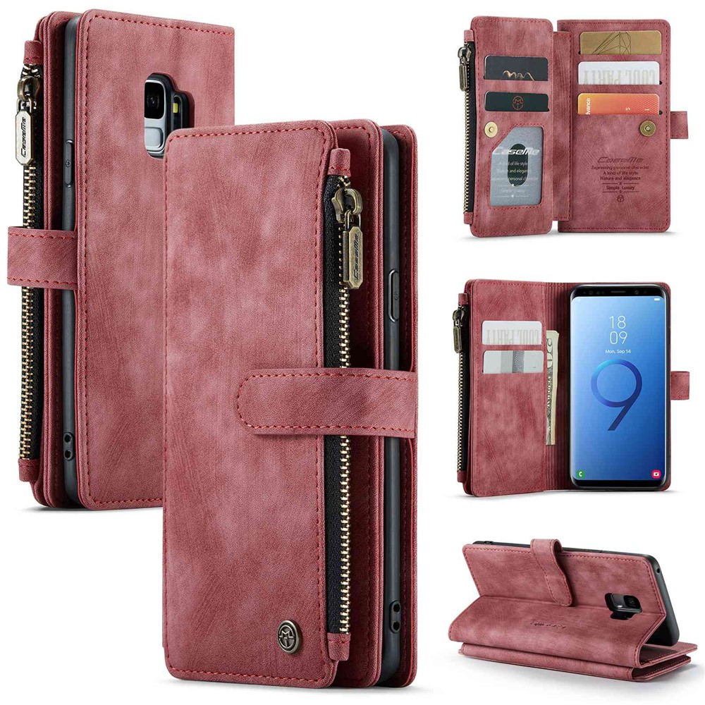 For Samsung Galaxy S9 Phone Cases with Strap CASEME C30 Zipper Multiple Card Holder PU Leather Cover - Red