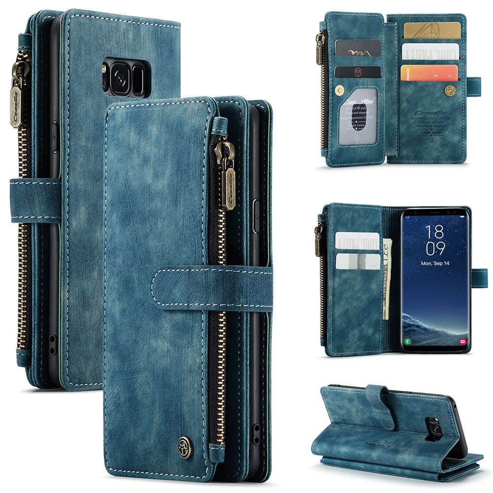 For Samsung Galaxy S8 Phone Cases with Strap CASEME C30 Zipper Multiple Card Holder PU Leather Cover - Blue