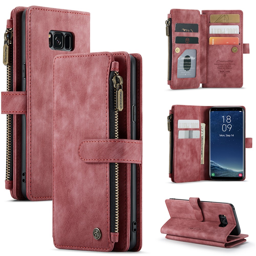 For Samsung Galaxy S8 Phone Cases with Strap CASEME C30 Zipper Multiple Card Holder PU Leather Cover - Red