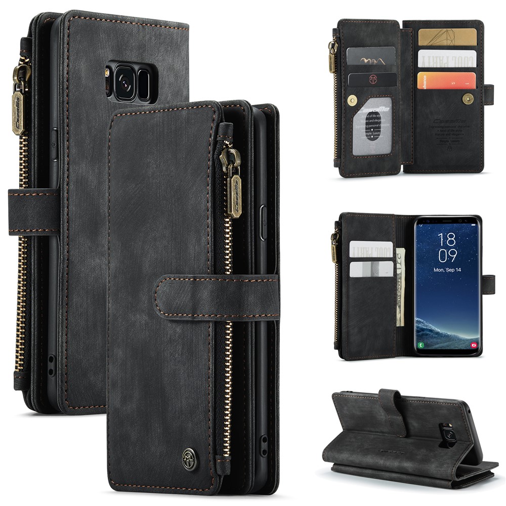 For Samsung Galaxy S8 Phone Cases with Strap CASEME C30 Zipper Multiple Card Holder PU Leather Cover - Black