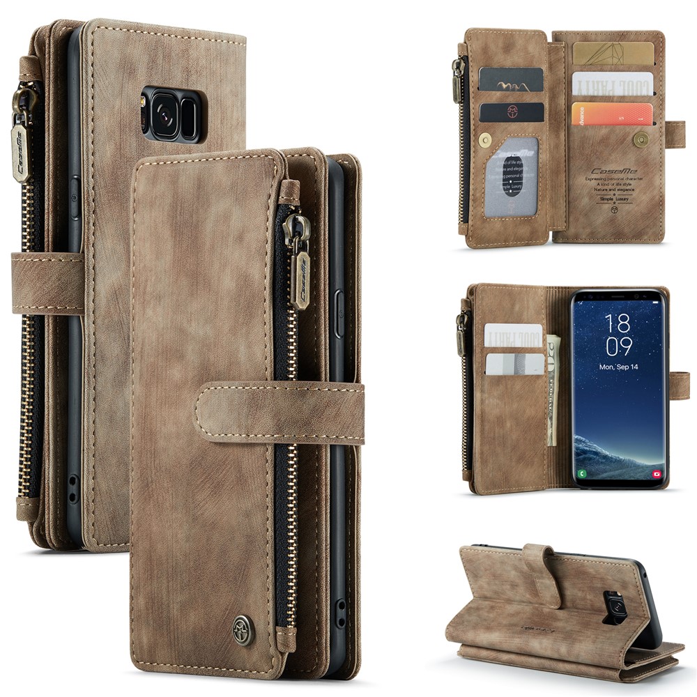 For Samsung Galaxy S8 Phone Cases with Strap CASEME C30 Zipper Multiple Card Holder PU Leather Cover - Brown