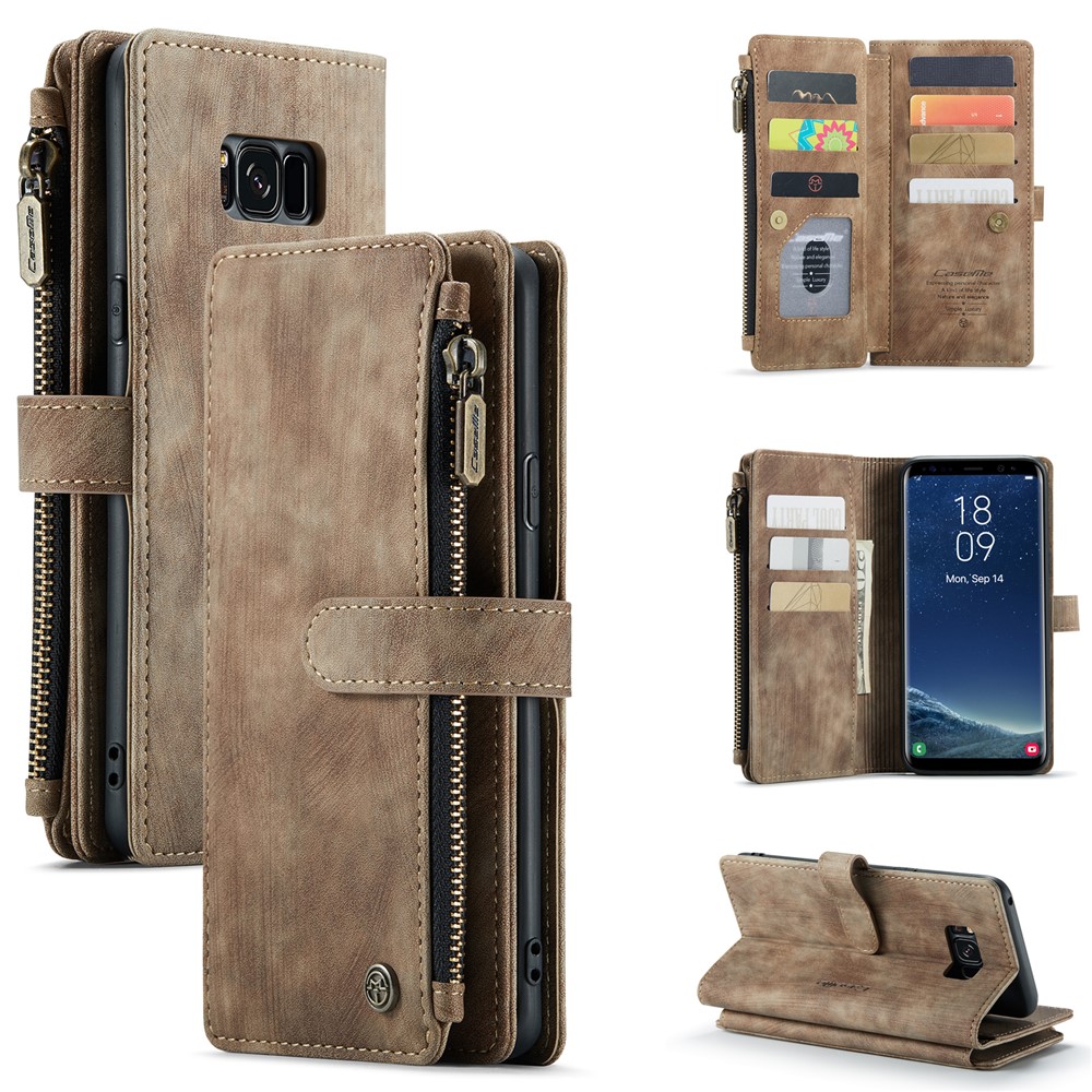 For Samsung Galaxy S8+ Phone Cases with Strap CASEME C30 Zipper Multiple Card Holder PU Leather Cover - Brown