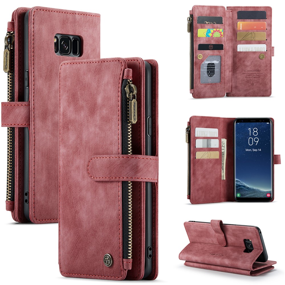 For Samsung Galaxy S8+ Phone Cases with Strap CASEME C30 Zipper Multiple Card Holder PU Leather Cover - Red