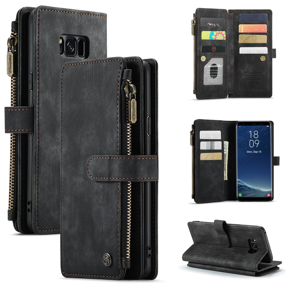 For Samsung Galaxy S8+ Phone Cases with Strap CASEME C30 Zipper Multiple Card Holder PU Leather Cover - Black
