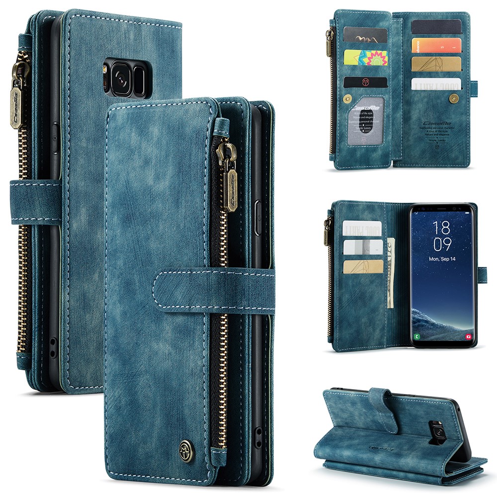 For Samsung Galaxy S8+ Phone Cases with Strap CASEME C30 Zipper Multiple Card Holder PU Leather Cover - Blue