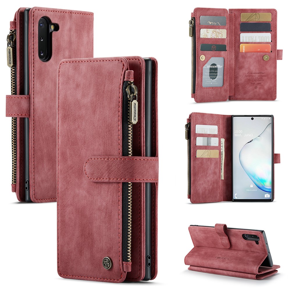 For Samsung Galaxy Note 10 Phone Cases with Strap CASEME C30 Zipper Multiple Card Holder PU Leather Cover - Red