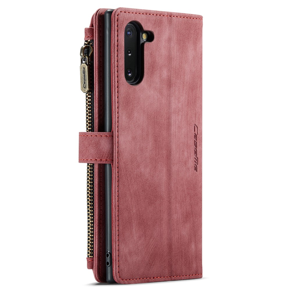 CASEME C30 Series for Samsung Galaxy Note 10 Supporting Stand Design Fall Proof PU Leather Phone Case Zipper Pocket Wallet Phone Cover - Red-12