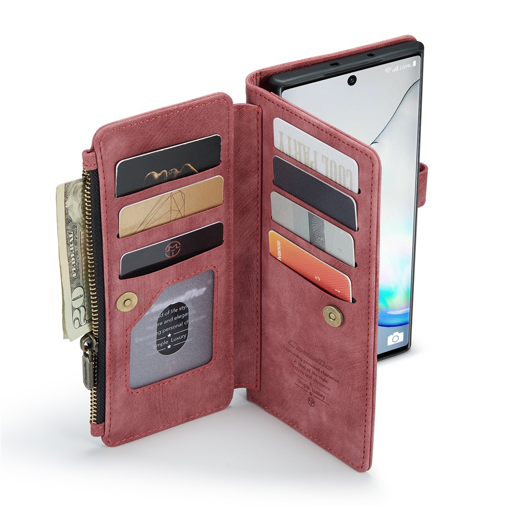 CASEME C30 Series for Samsung Galaxy Note 10 Supporting Stand Design Fall Proof PU Leather Phone Case Zipper Pocket Wallet Phone Cover - Red-3