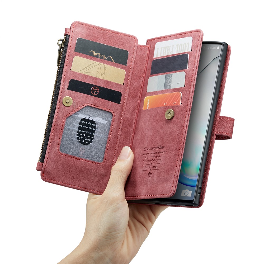 CASEME C30 Series for Samsung Galaxy Note 10 Supporting Stand Design Fall Proof PU Leather Phone Case Zipper Pocket Wallet Phone Cover - Red-4