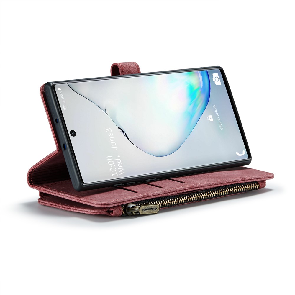 CASEME C30 Series for Samsung Galaxy Note 10 Supporting Stand Design Fall Proof PU Leather Phone Case Zipper Pocket Wallet Phone Cover - Red-5