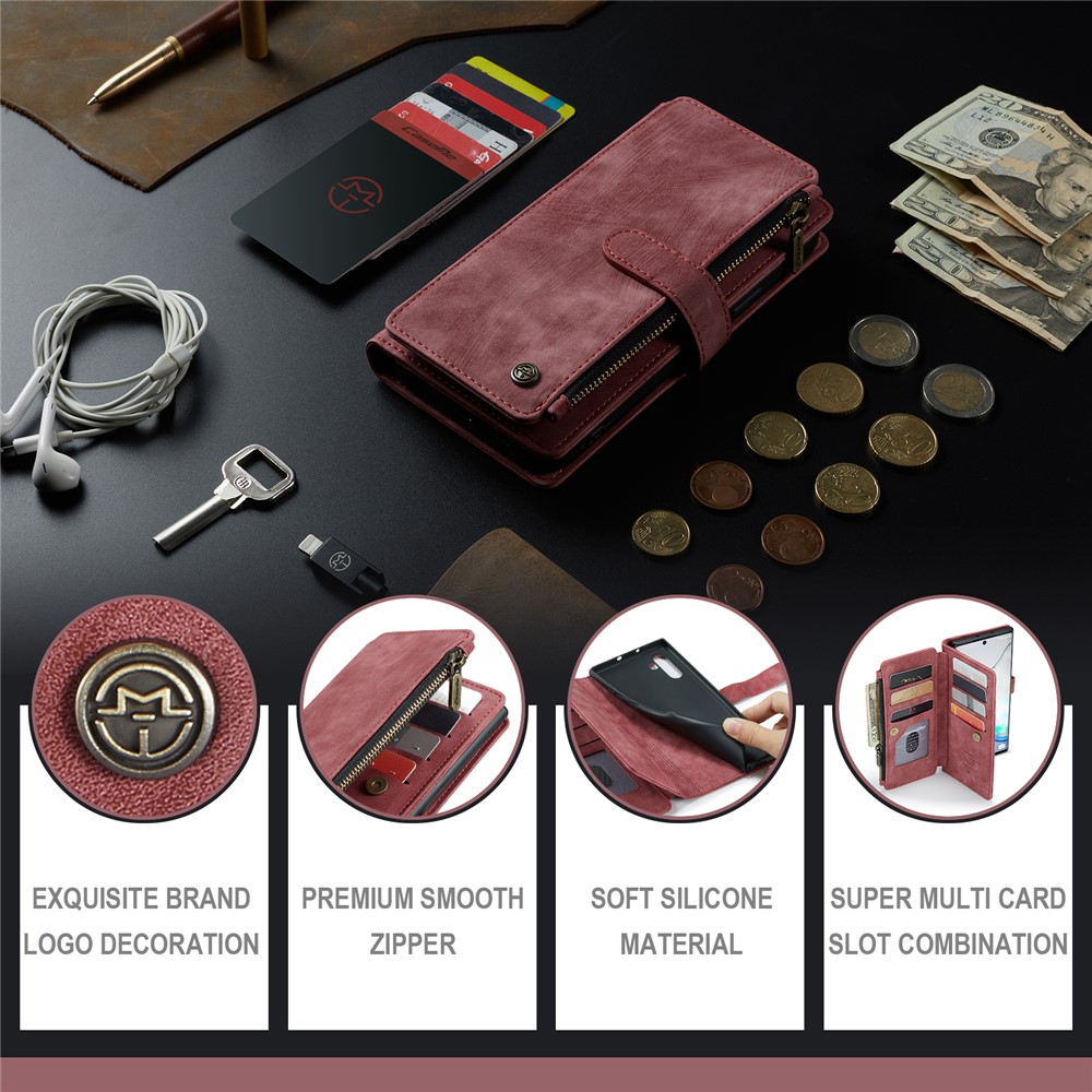 CASEME C30 Series for Samsung Galaxy Note 10 Supporting Stand Design Fall Proof PU Leather Phone Case Zipper Pocket Wallet Phone Cover - Red-7