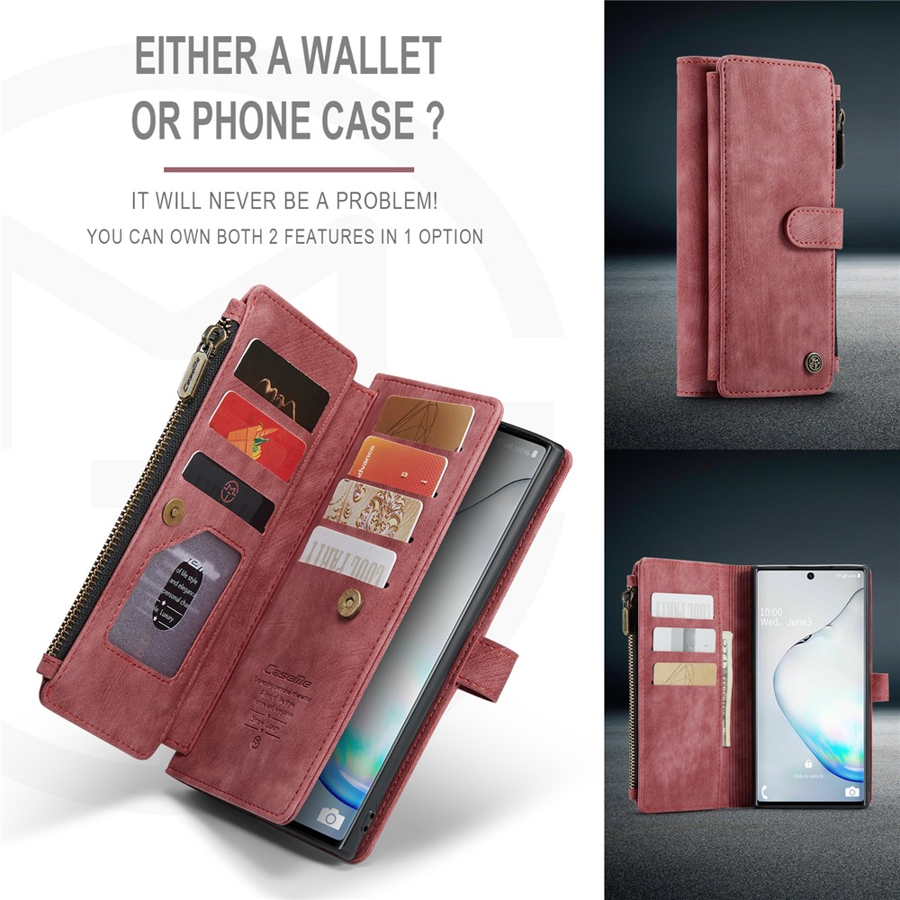 CASEME C30 Series for Samsung Galaxy Note 10 Supporting Stand Design Fall Proof PU Leather Phone Case Zipper Pocket Wallet Phone Cover - Red-8