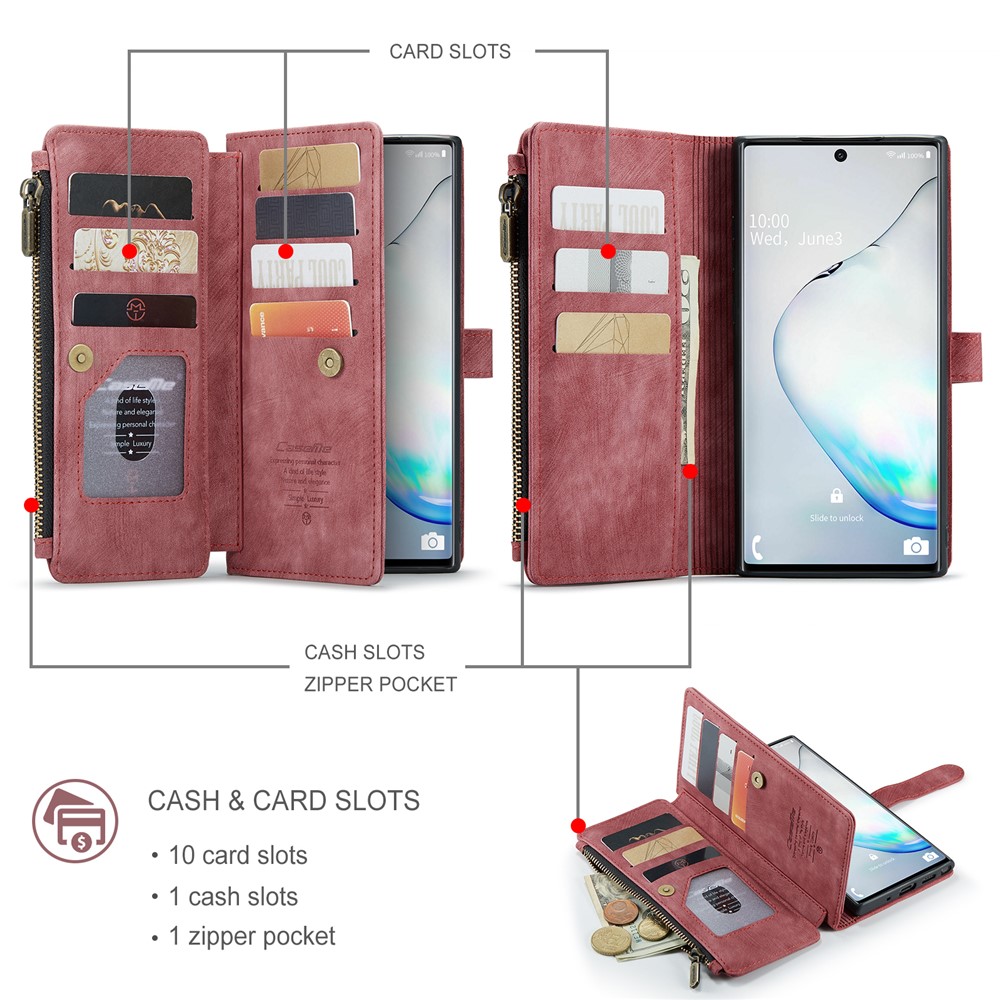 CASEME C30 Series for Samsung Galaxy Note 10 Supporting Stand Design Fall Proof PU Leather Phone Case Zipper Pocket Wallet Phone Cover - Red-9