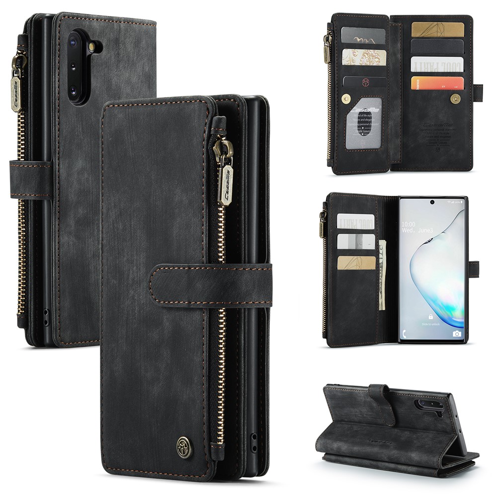 For Samsung Galaxy Note 10 Phone Cases with Strap CASEME C30 Zipper Multiple Card Holder PU Leather Cover - Black