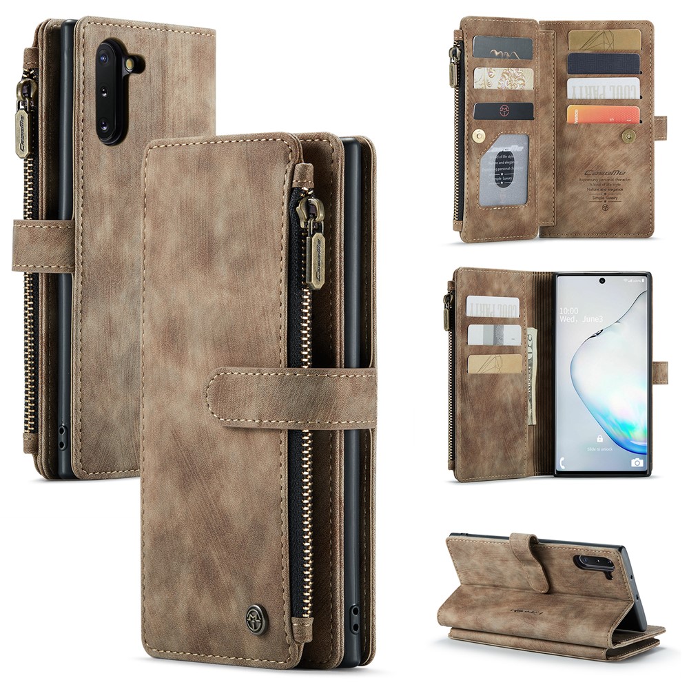 For Samsung Galaxy Note 10 Phone Cases with Strap CASEME C30 Zipper Multiple Card Holder PU Leather Cover - Brown