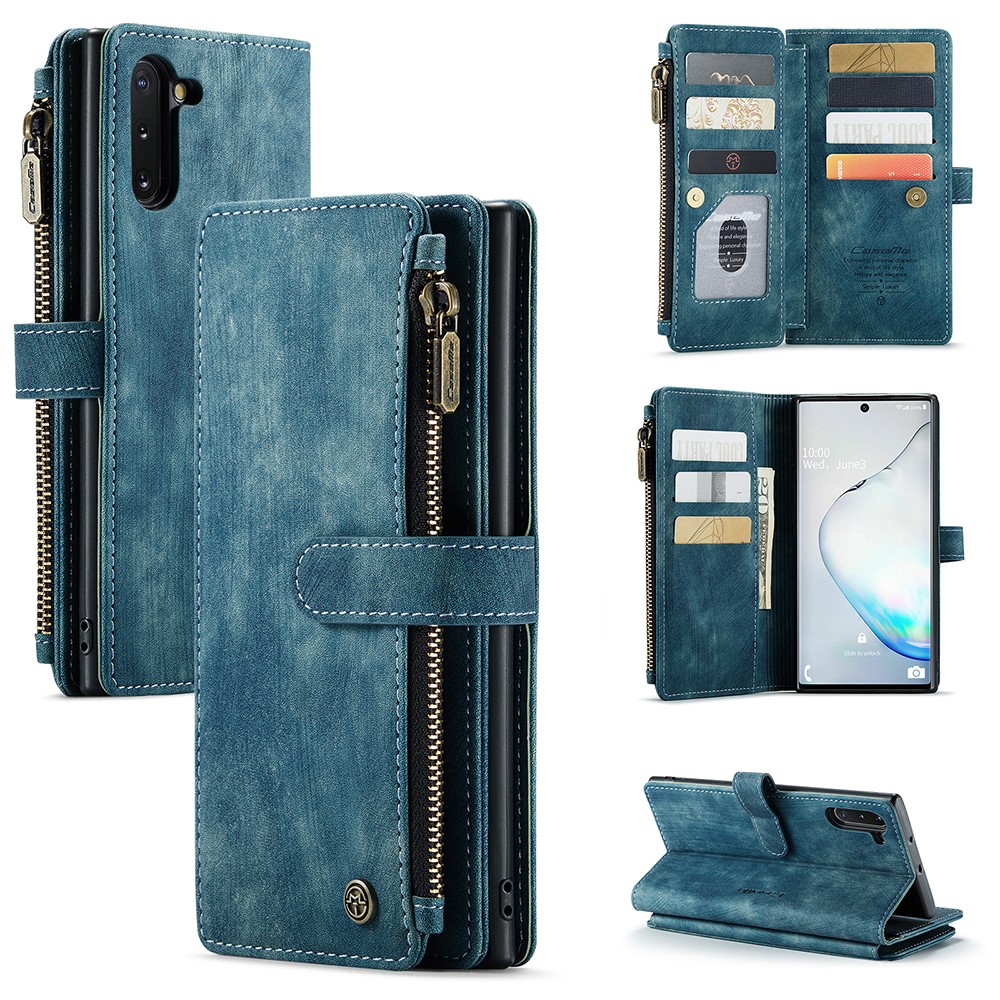 For Samsung Galaxy Note 10 Phone Cases with Strap CASEME C30 Zipper Multiple Card Holder PU Leather Cover - Blue